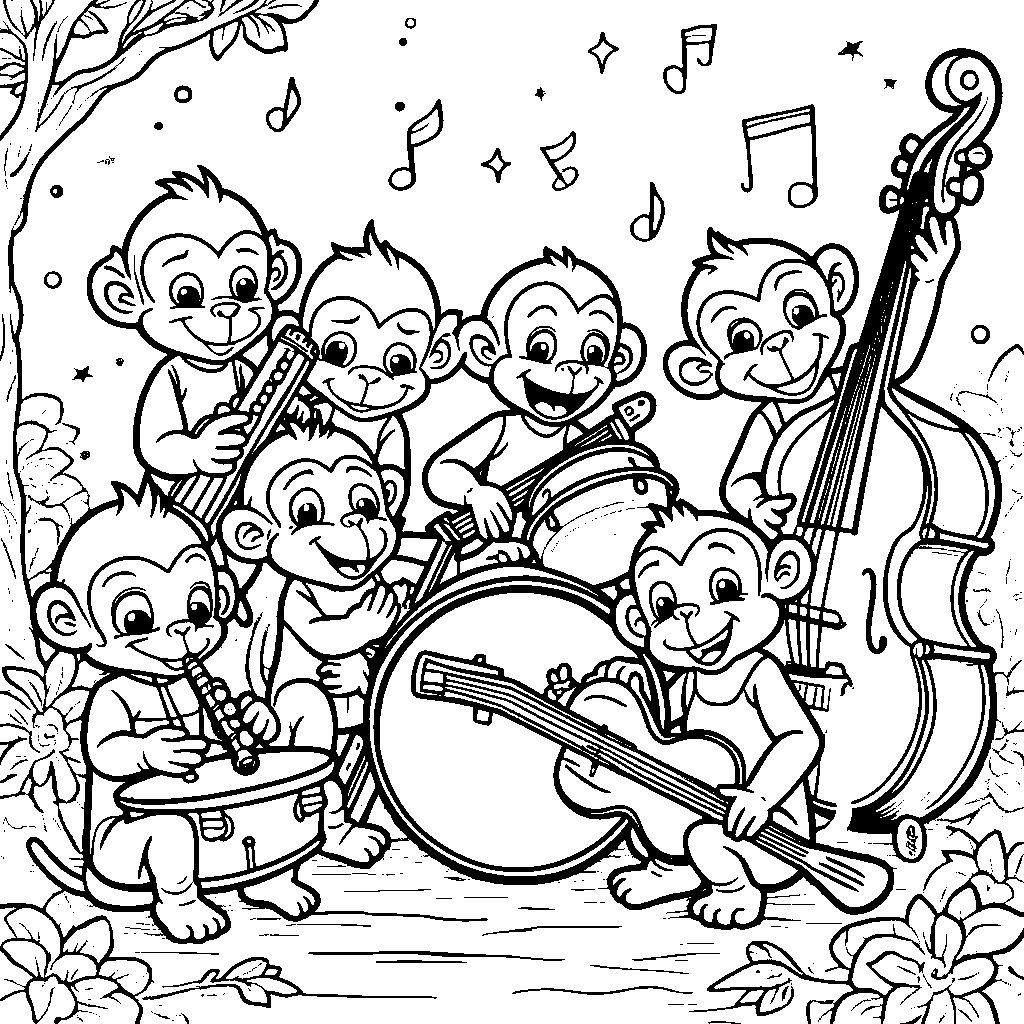 Six little monkeys playing musical instruments