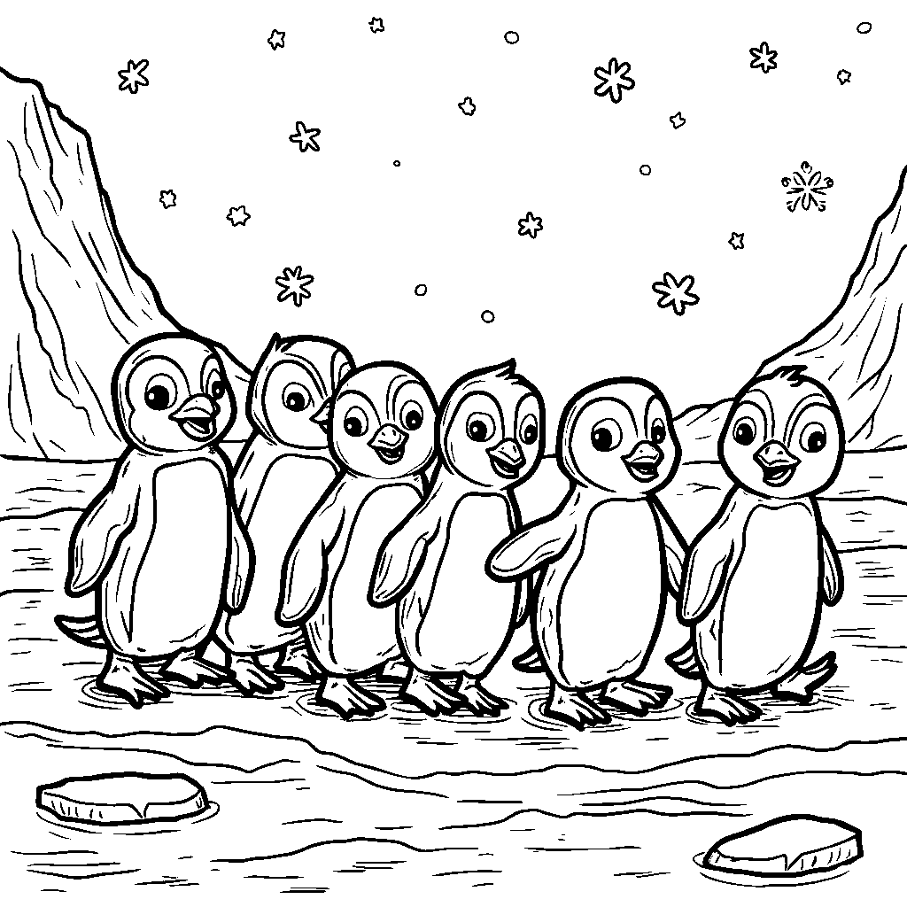 Six little penguins waddling in a line