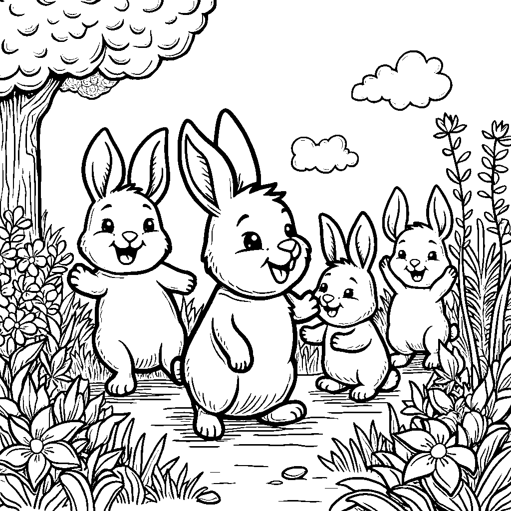 Six little rabbits hopping in a garden