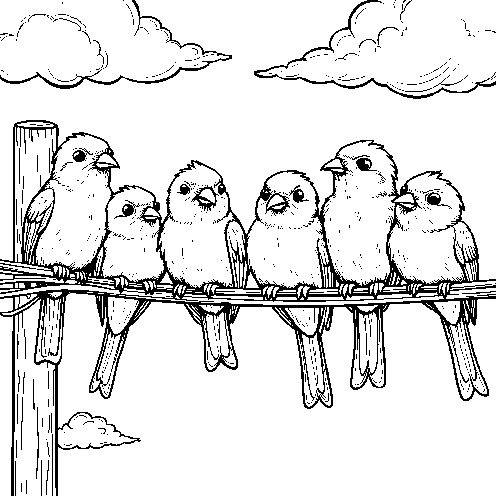 Six tiny birds perched on a telephone wire