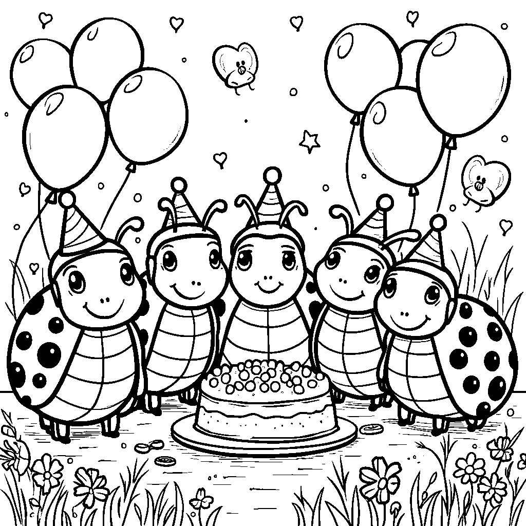 A group of seven friendly ladybugs having a party