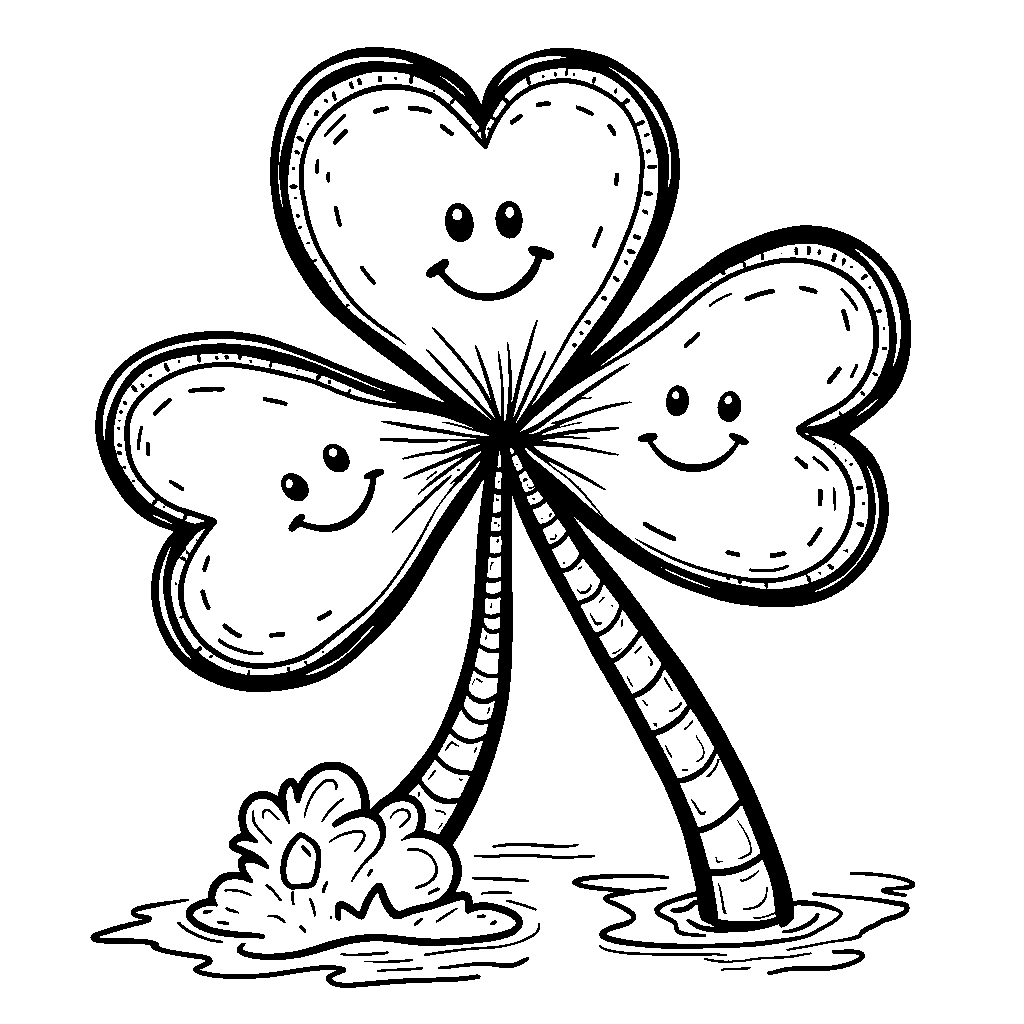 A lucky seven-leaf clover with smiling faces