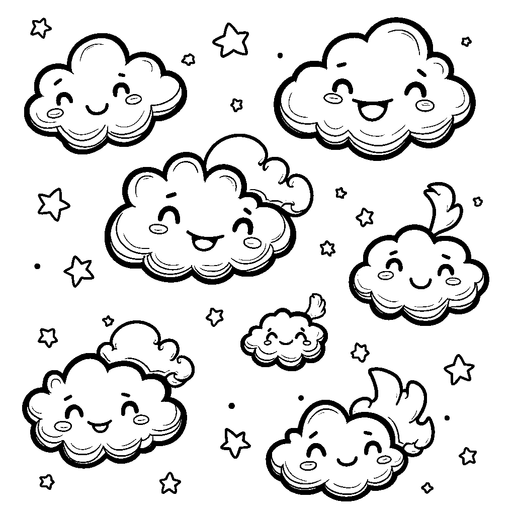 Seven happy clouds floating in the sky