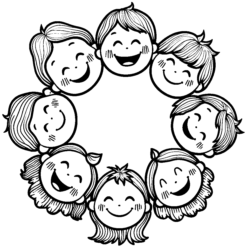 Seven happy faces smiling at each other