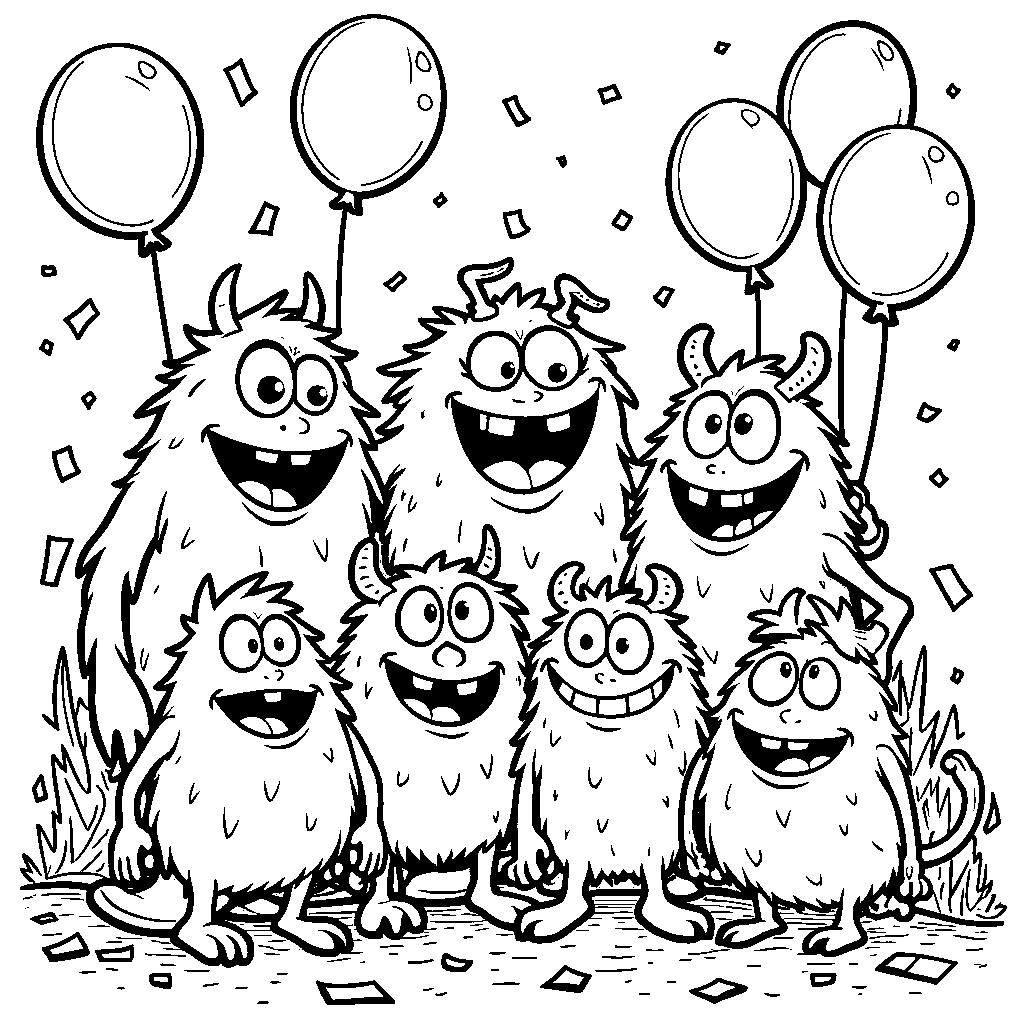 Seven happy monsters playing together