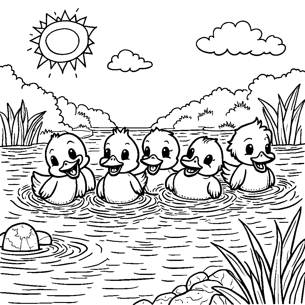 Seven little ducks swimming in a row