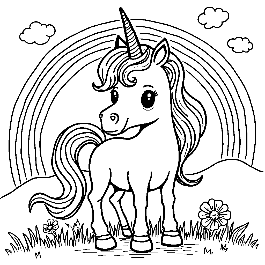 Seven rainbow-colored stripes on a happy unicorn's mane