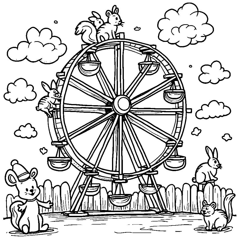 Seven tiny animals riding a Ferris wheel