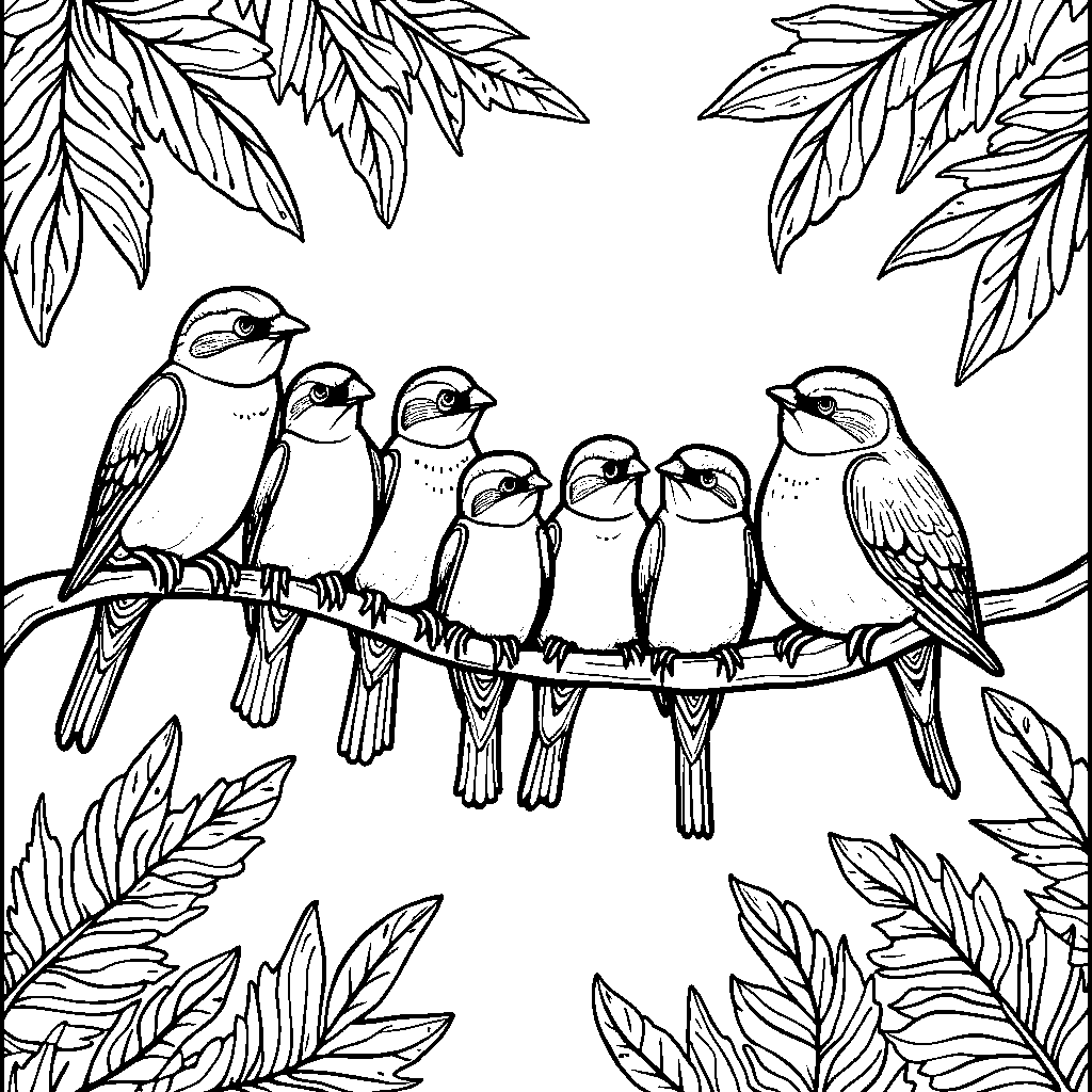 Seven tiny birds perched on a branch