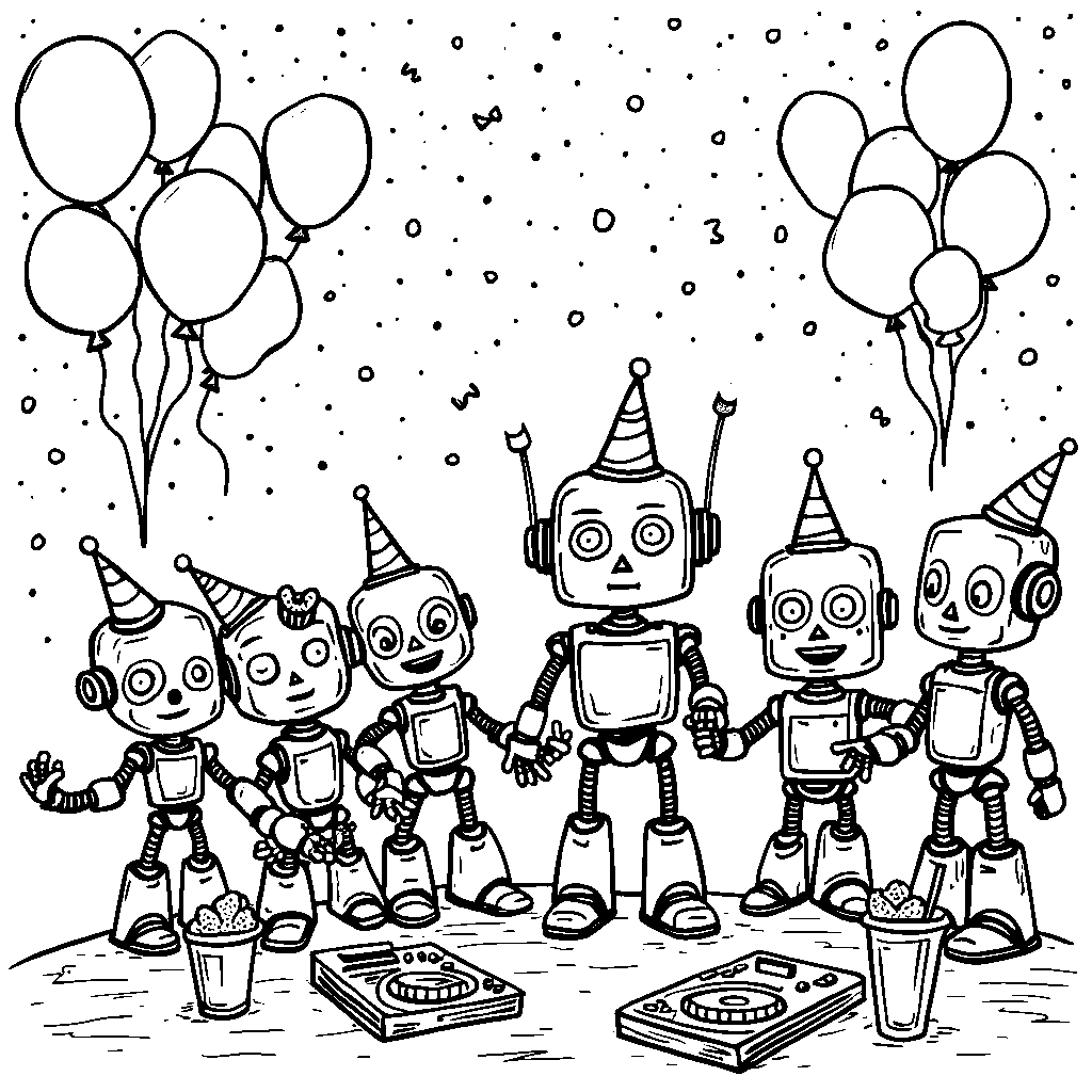 Seven tiny robots having a robot party