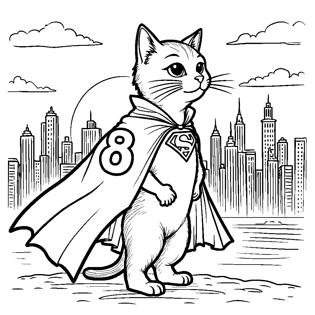 A cat wearing a superhero cape with number 8