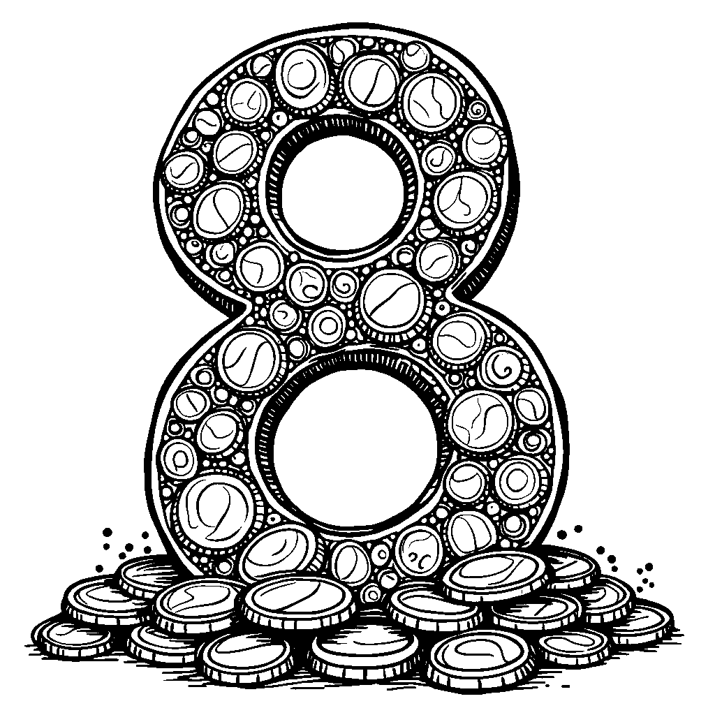 A number 8 made out of shiny coins