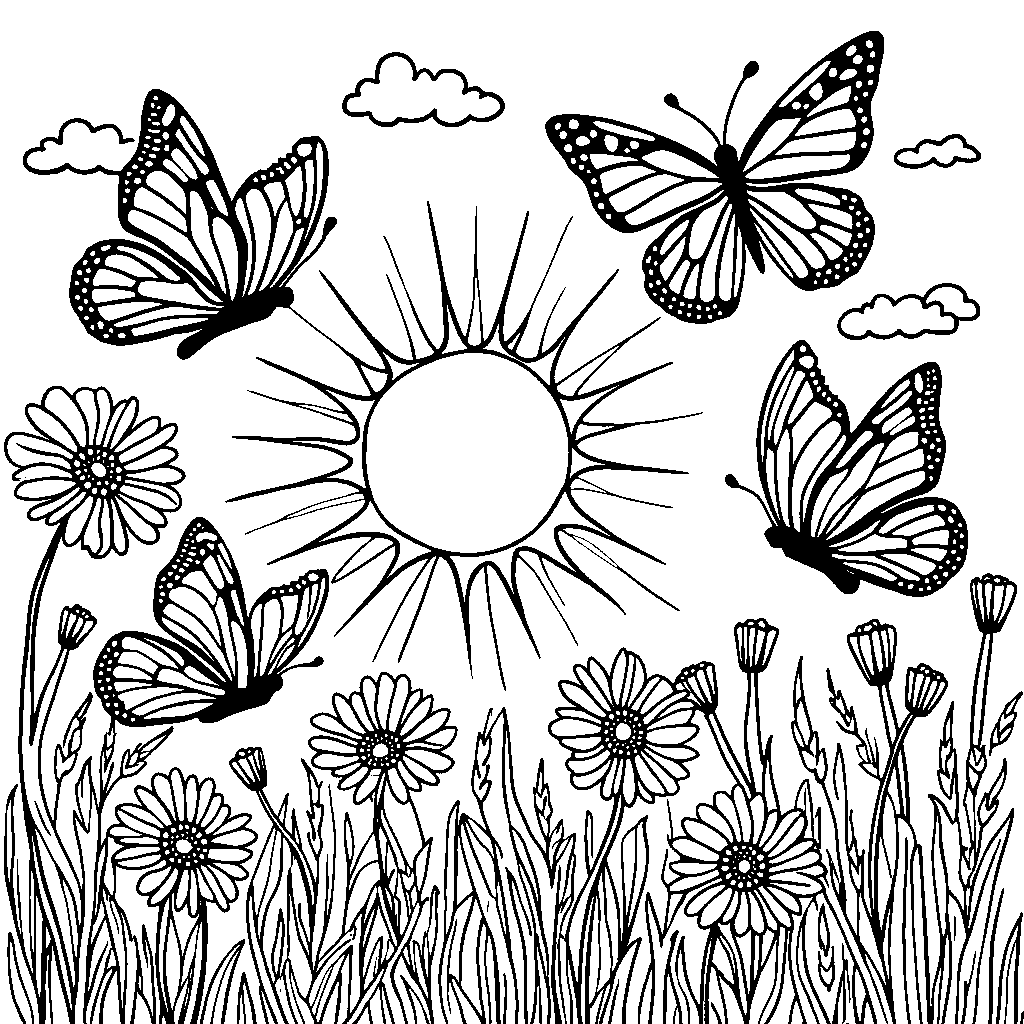 Eight butterflies flying around a sun