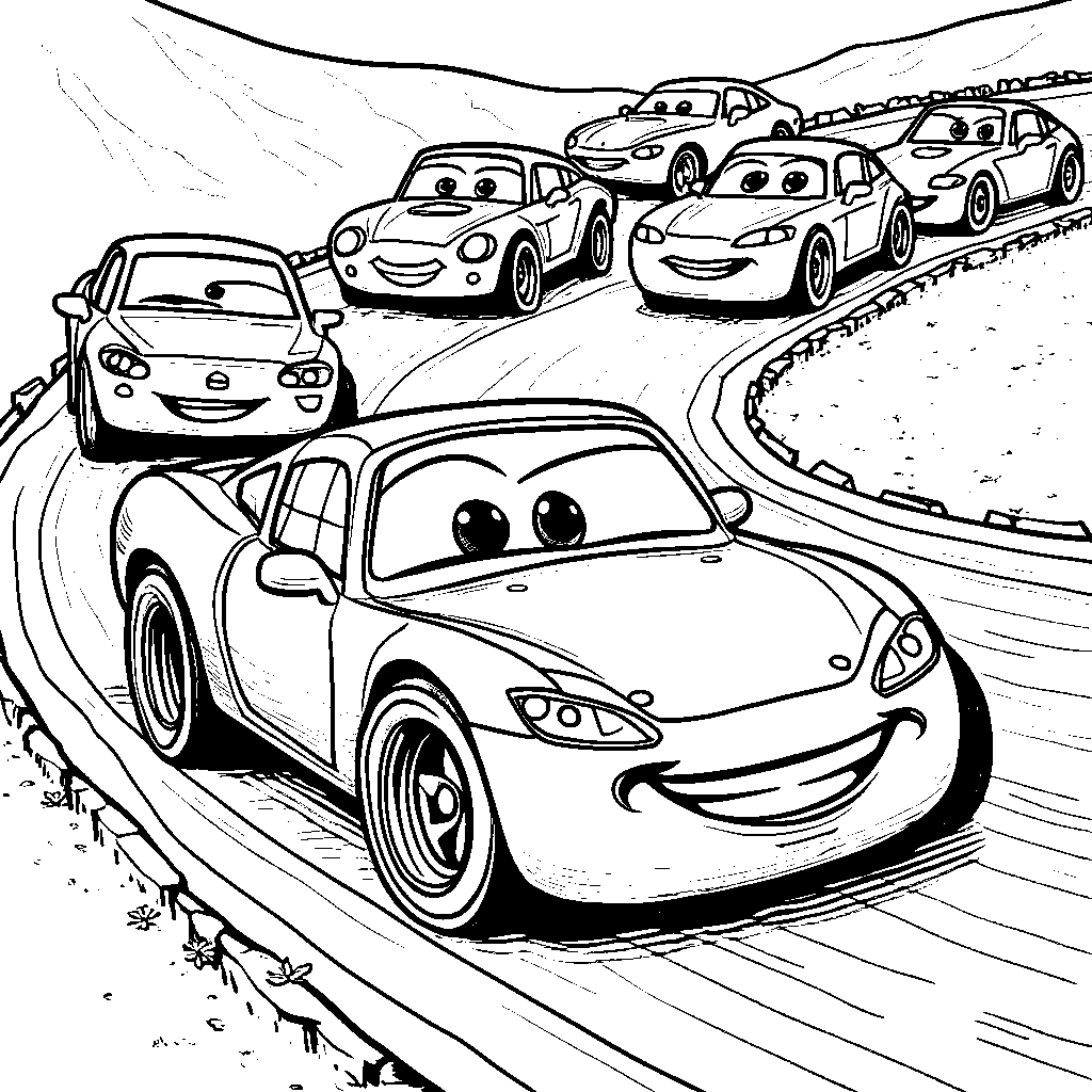 Eight little cars racing around a track