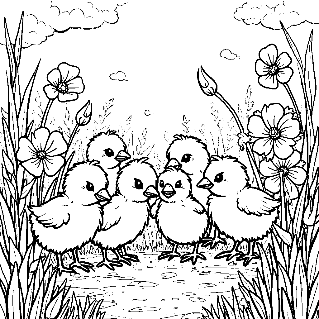 Eight little chicks pecking at the ground