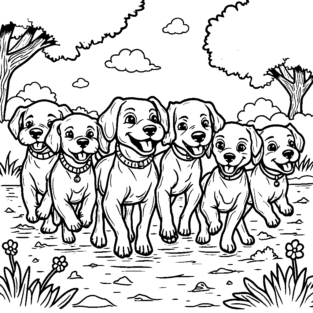 Eight little dogs running in a pack