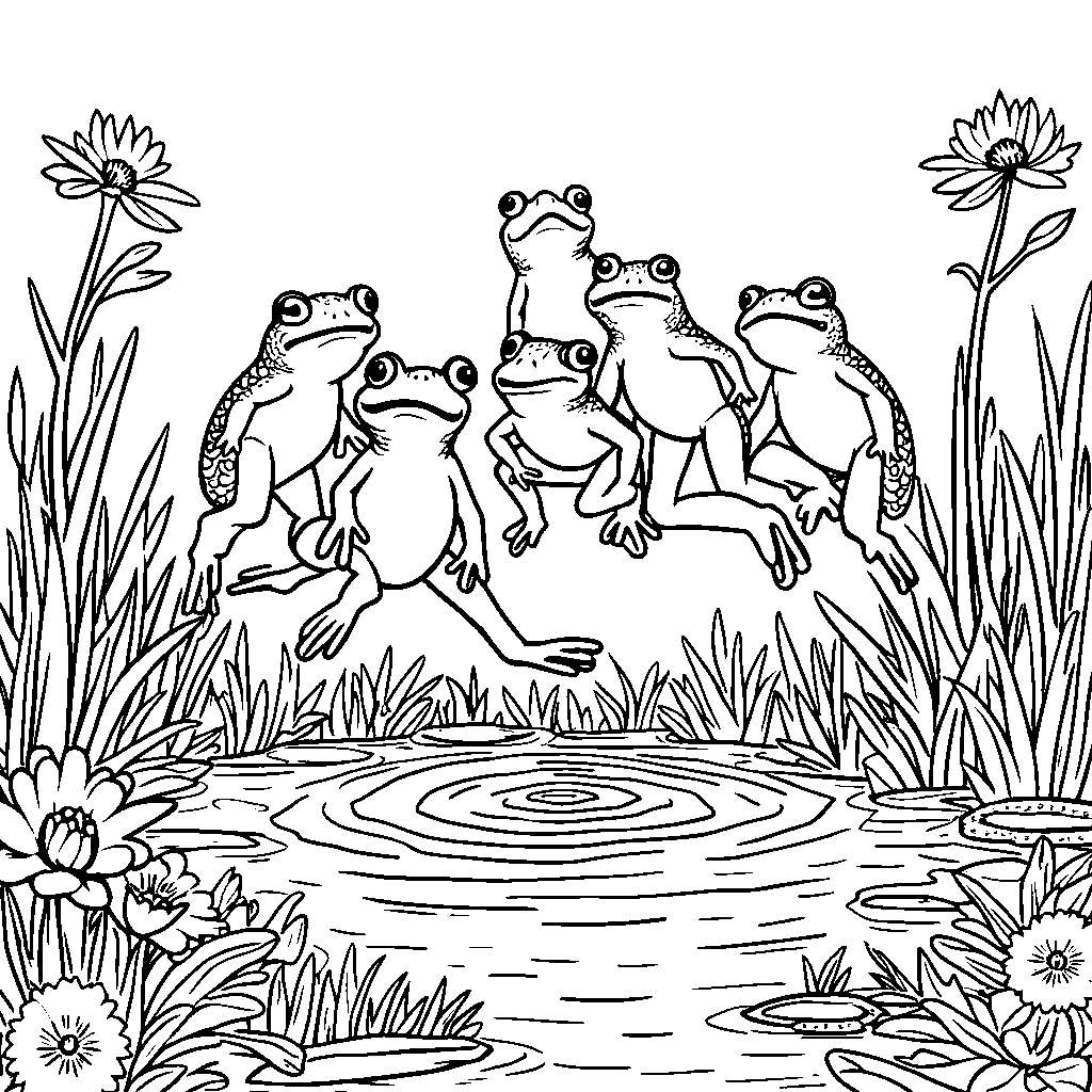 Eight little frogs jumping in a pond