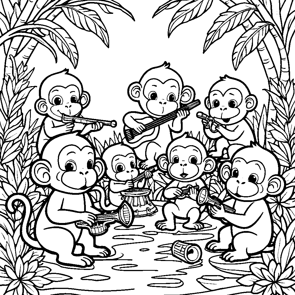 Eight little monkeys playing musical instruments