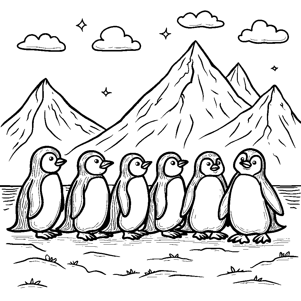 Eight little penguins waddling in a line