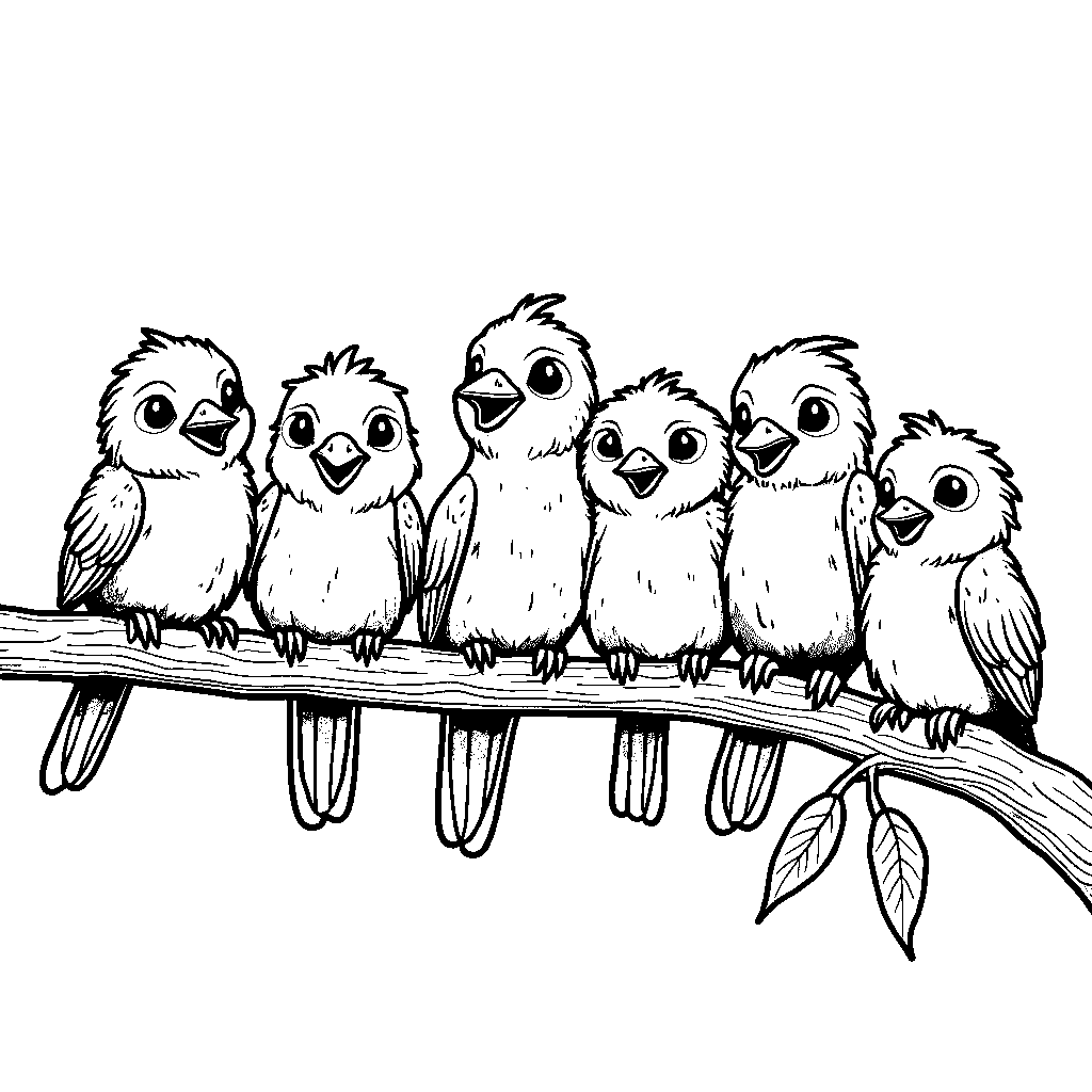 Eight tiny birds perched on a branch