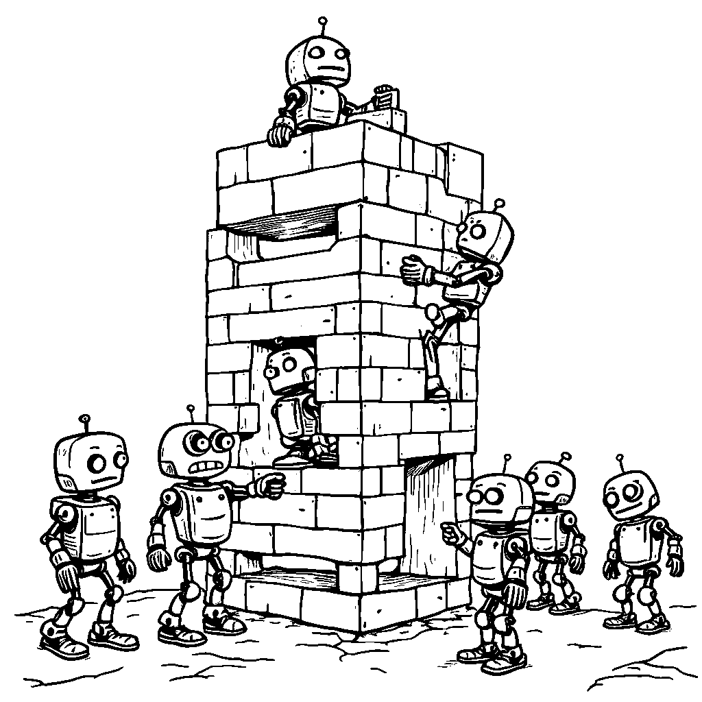 Eight tiny robots building a big tower