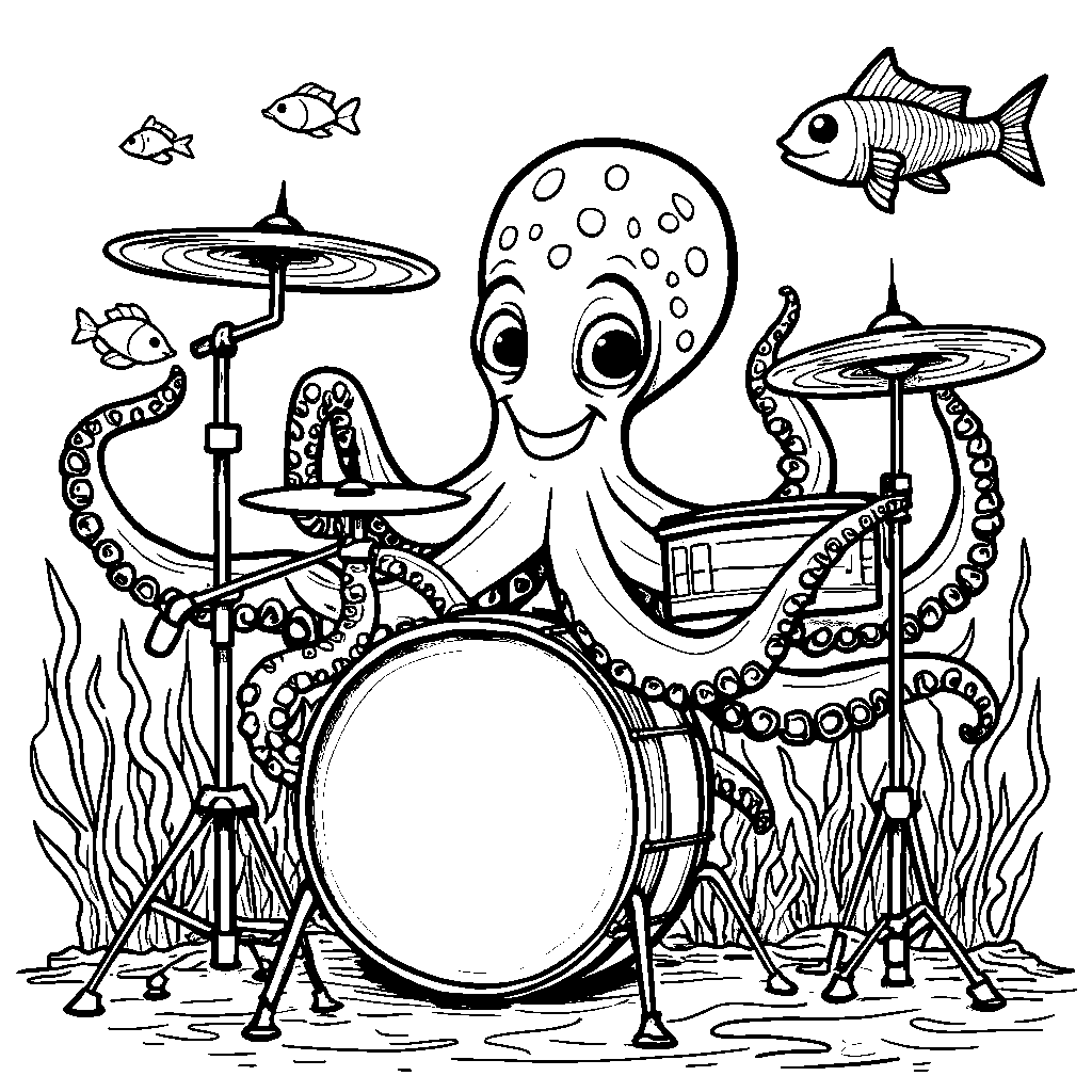 Octopus with 8 legs playing drums