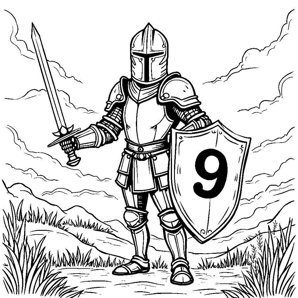 A brave knight holding a shield with a number 9 emblem