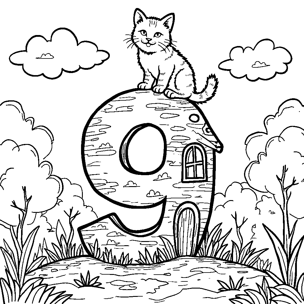 A cat sitting on top of a number 9-shaped house