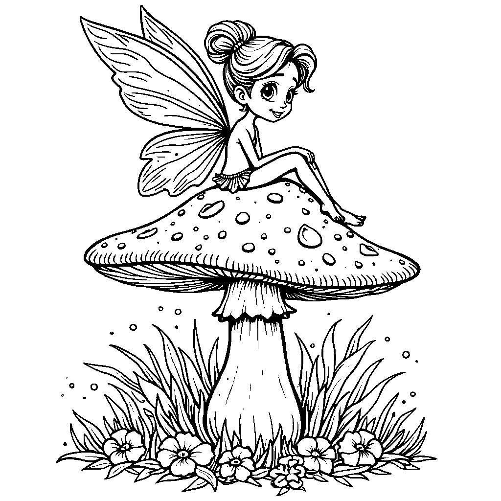 A fairy sitting on top of a number 9-shaped mushroom