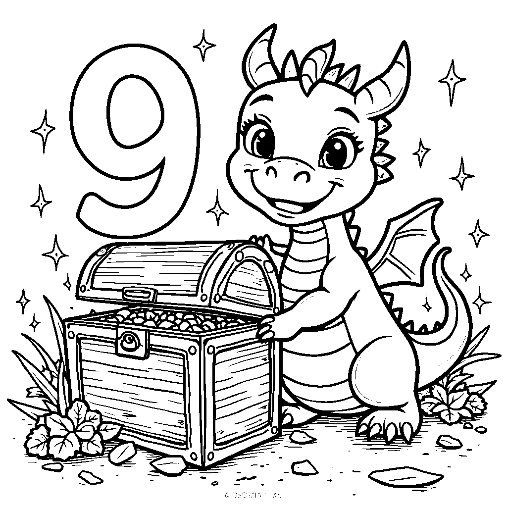 A friendly dragon guarding a number 9-shaped treasure