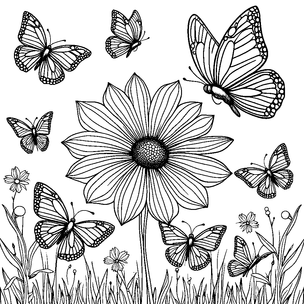 A group of nine butterflies fluttering around a bright flower