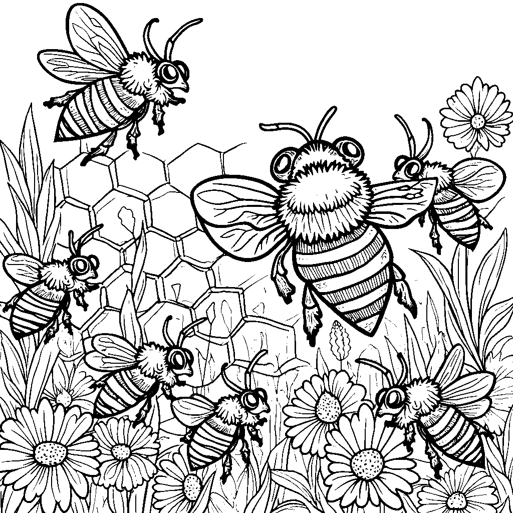 A group of nine little bees buzzing around a honeycomb