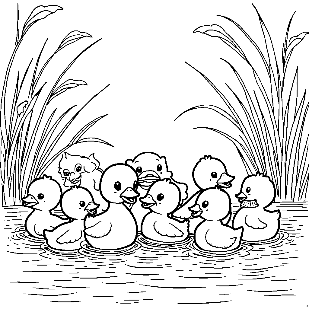 A group of nine little ducks swimming in a row