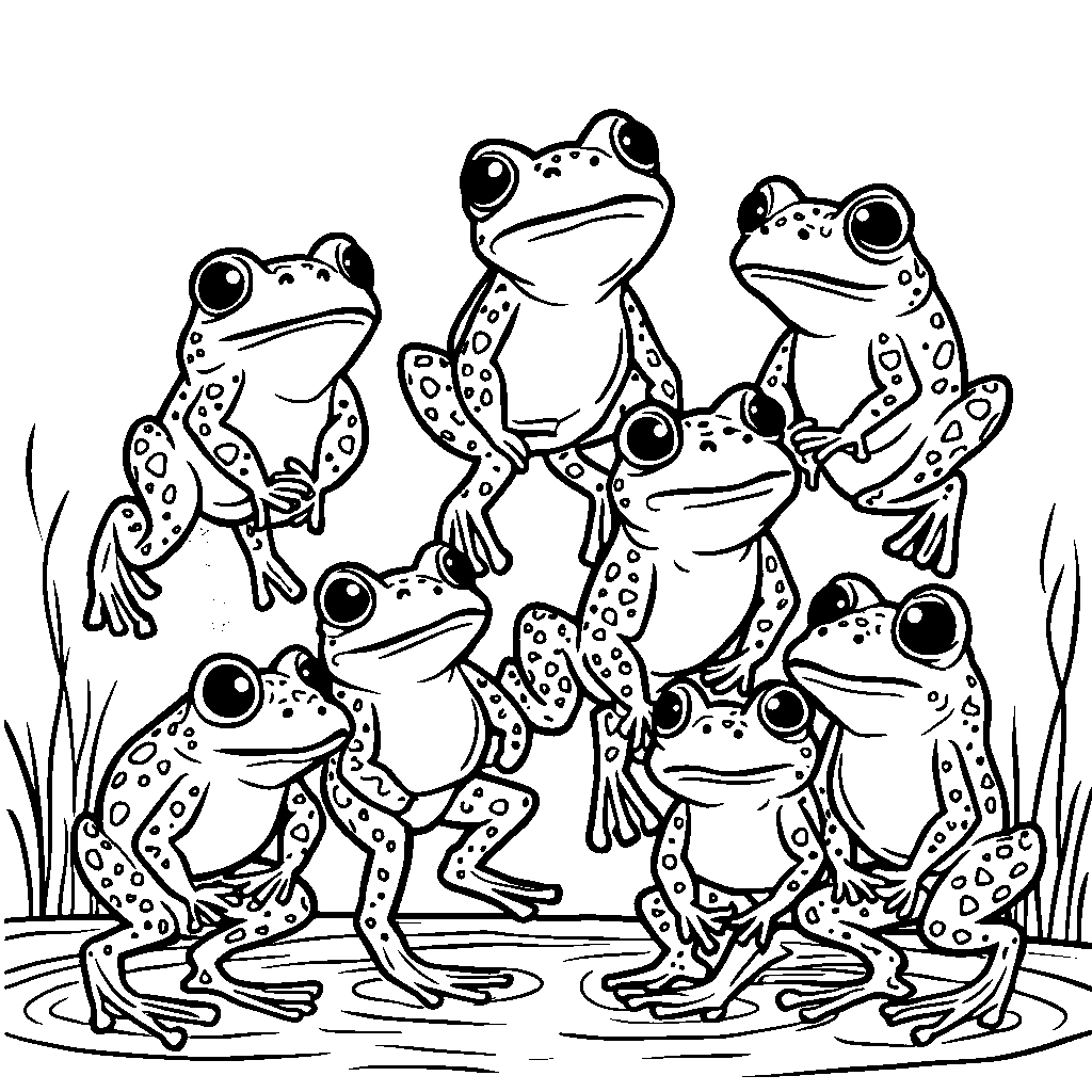 A group of nine little frogs playing leapfrog