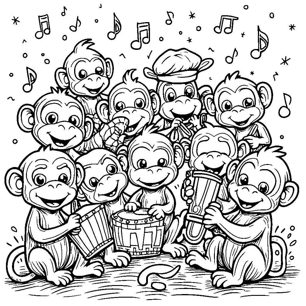 A group of nine little monkeys playing musical instruments