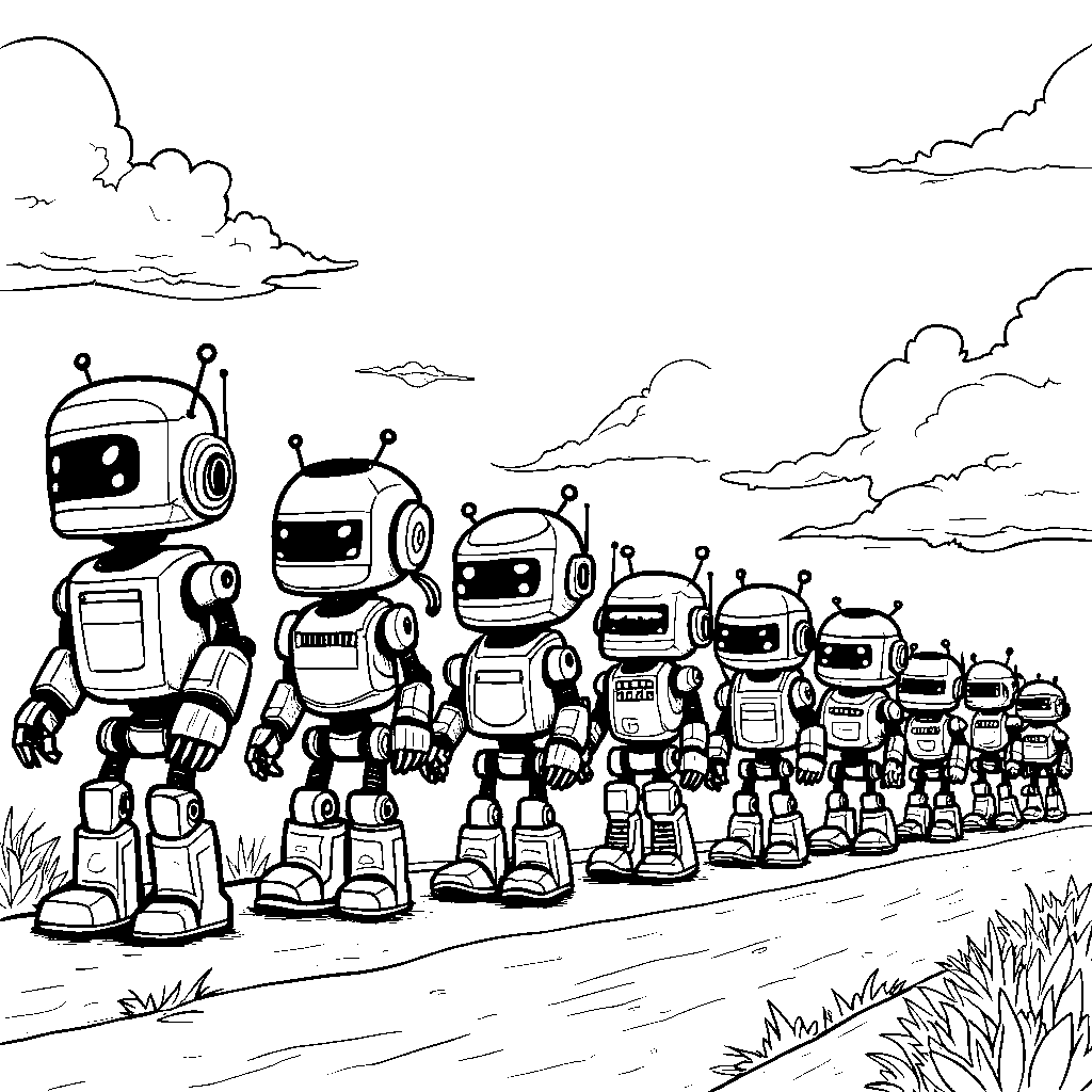 A group of nine little robots marching in a line