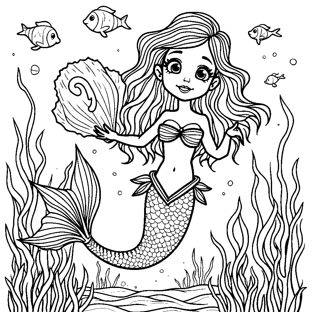 A mermaid swimming in the ocean with a number 9-shaped seashell