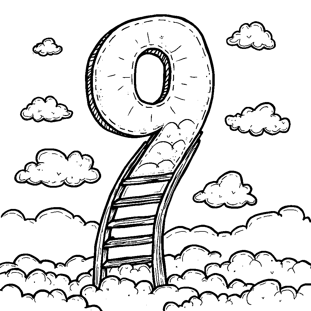 A number 9-shaped ladder reaching up to the clouds