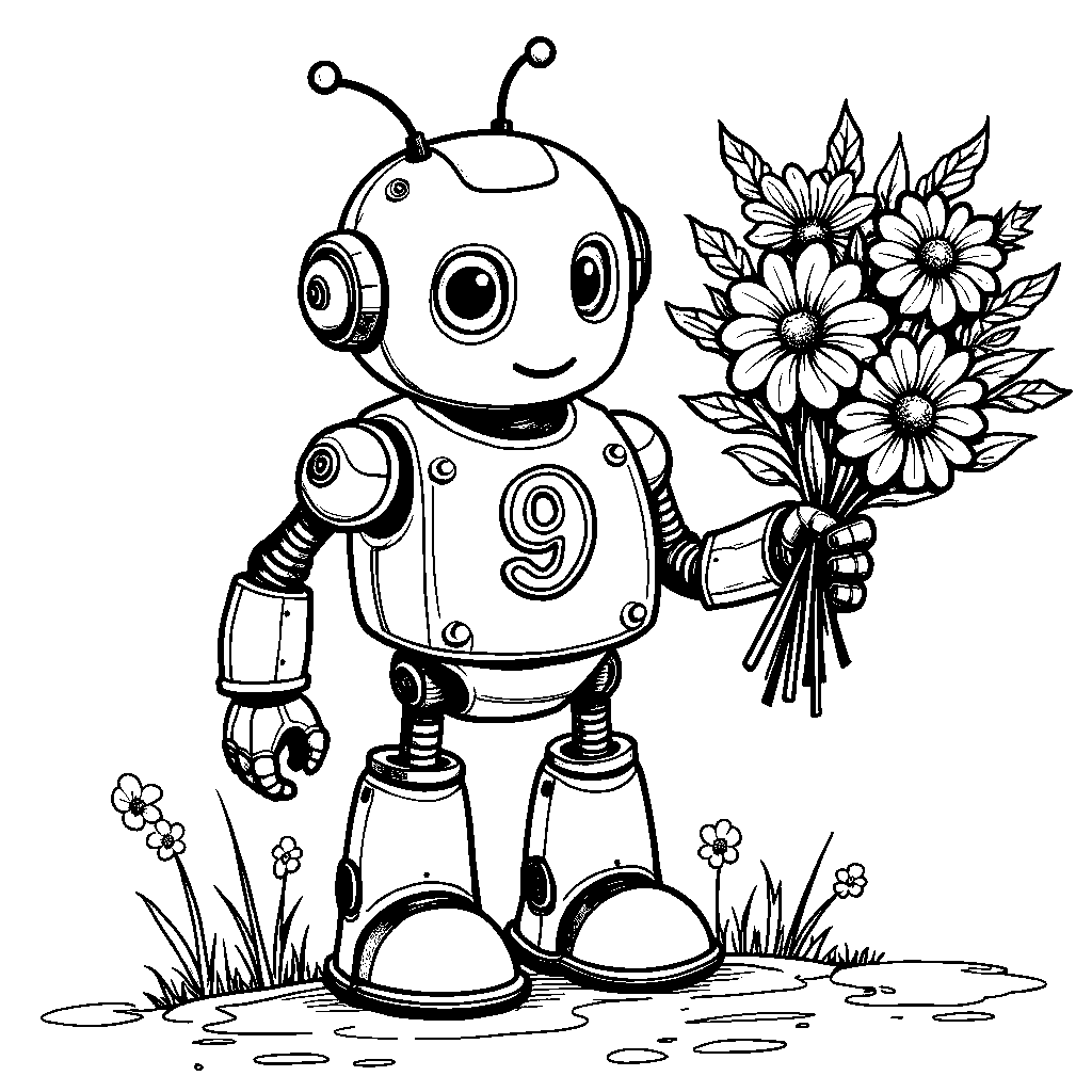 A robot with a number 9 on its chest holding a bouquet of flowers