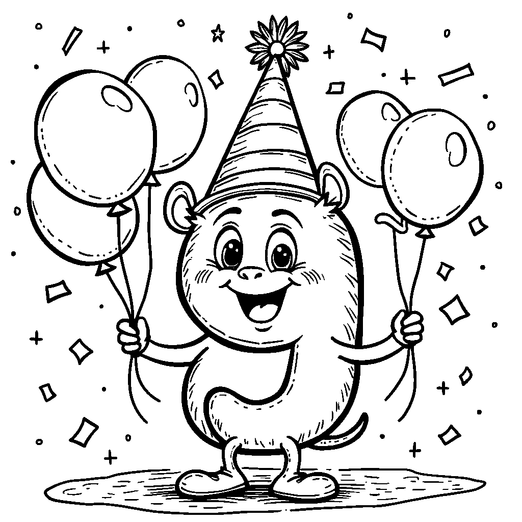 A happy number 9 wearing a party hat and holding balloons