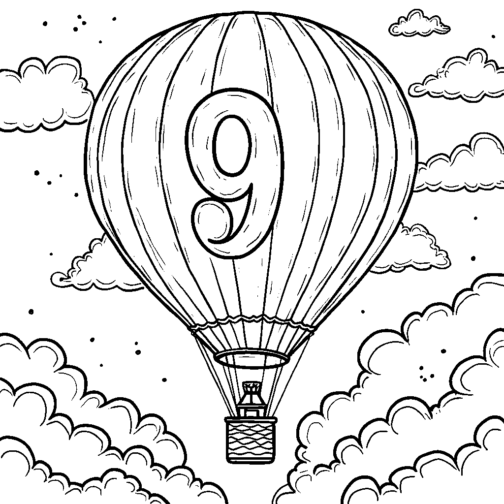 A hot air balloon with a number 9 on its side soaring above the clouds