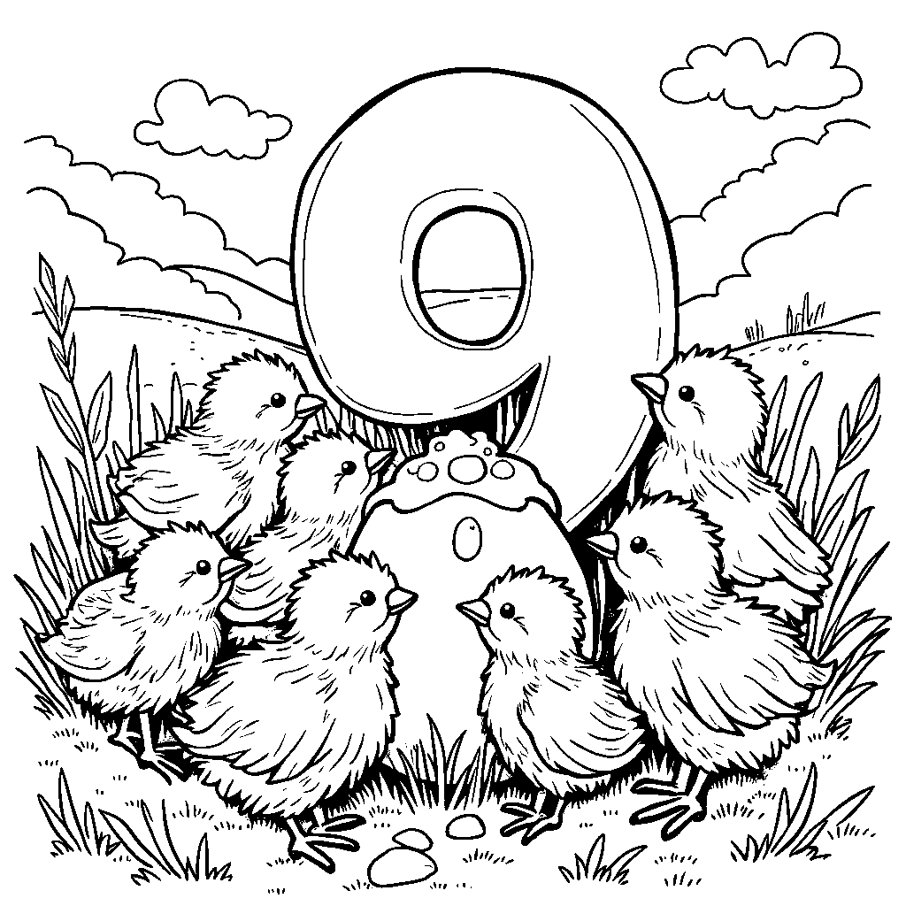 Nine little chicks huddled around a number 9-shaped egg