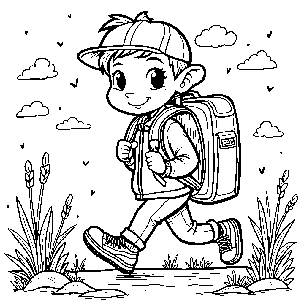 A cheerful number 14 with a backpack going on a school adventure