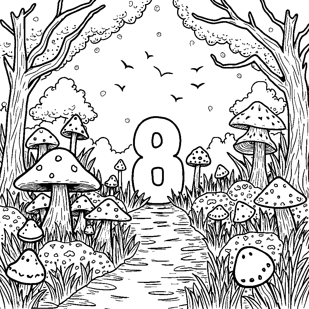 A curious number 8 exploring a magical forest full of whimsical creatures