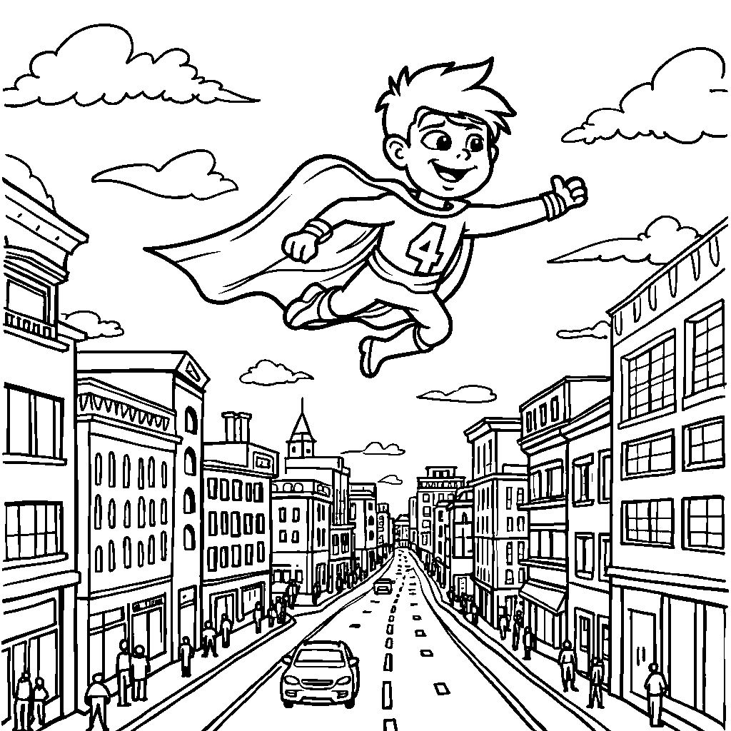 A friendly number 4 dressed as a superhero, flying over a bustling city.