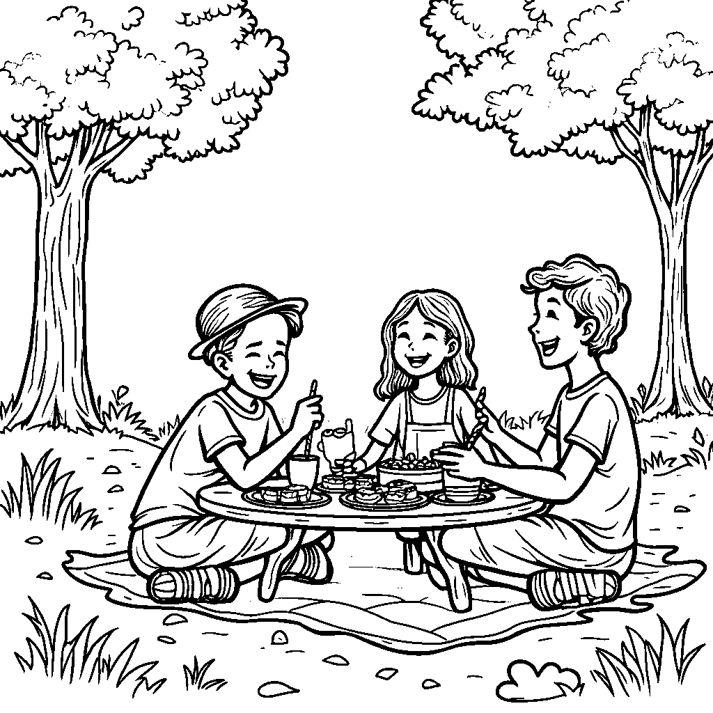 A joyful number 19 enjoying a picnic with friends in a colorful park