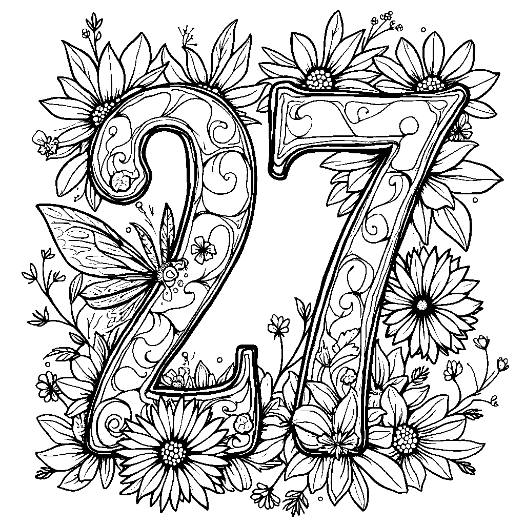 A magical number 27 surrounded by fairies and enchanted flowers.