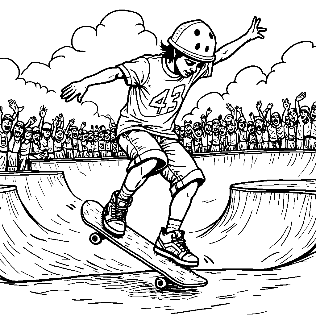 A number 43 on a skateboard performing tricks at a skate park