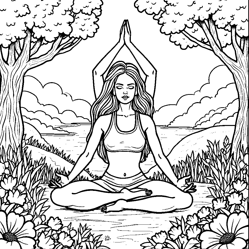 A yoga-practicing number 33 surrounded by nature in calm poses