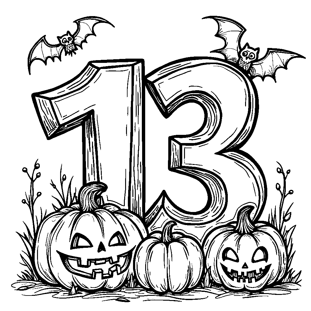 Number 13 is decorated with spooky Halloween elements like bats and pumpkins.